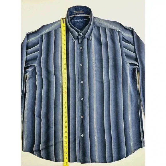Tommy Bahama Size Large Men Blue Vanilla Trim Blue Stripe Button Down Silk Shirt - Picture 9 of 10